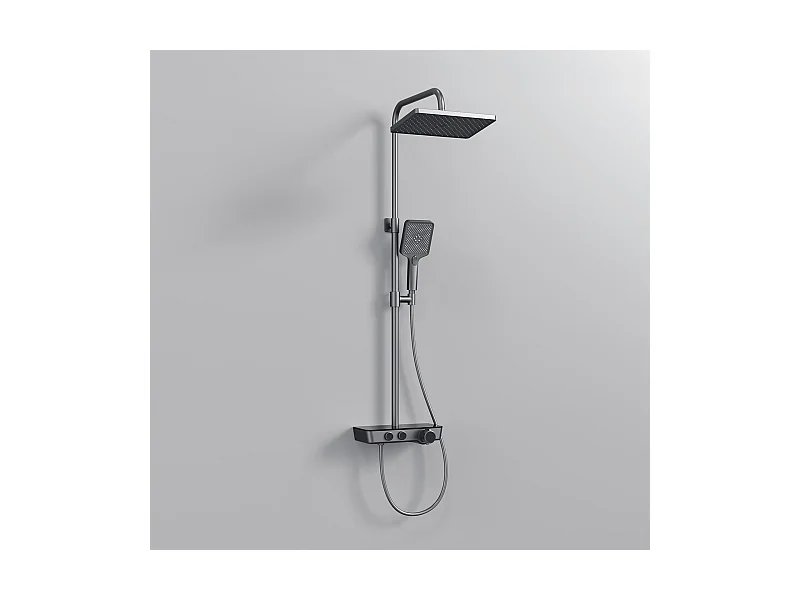 EMKE Duschsäule mit Thermostat, 3-Strahl-Handbrause, Wasserfall-Strahl, Set mit Glasregal, KTW-zertifiziert, Metallgrau