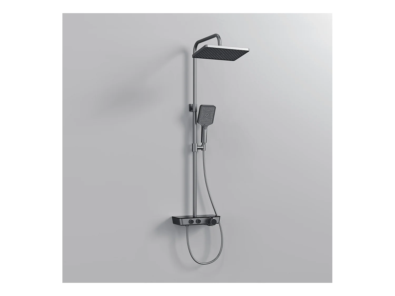 EMKE Colonne de douche thermostat, douchette à 3 puissances de jet, jet cascade, set de douche avec étagère en verre, Certification KTW, Gris métal