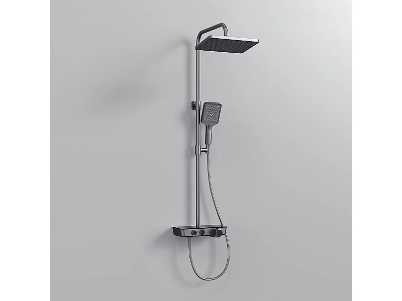 EMKE Duschsäule mit Thermostat, 3-Strahl-Handbrause, Wasserfall-Strahl, Set mit Glasregal, KTW-zertifiziert, Metallgrau