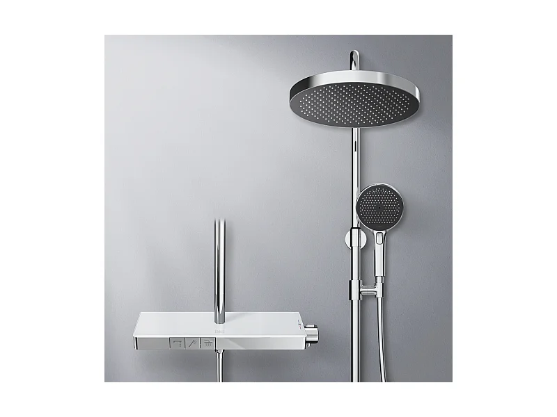 EMKE Thermostat-Duschsäule mit 38°C, große Kopfbrause und Multimode-Handbrause, Kreisform, Chrom