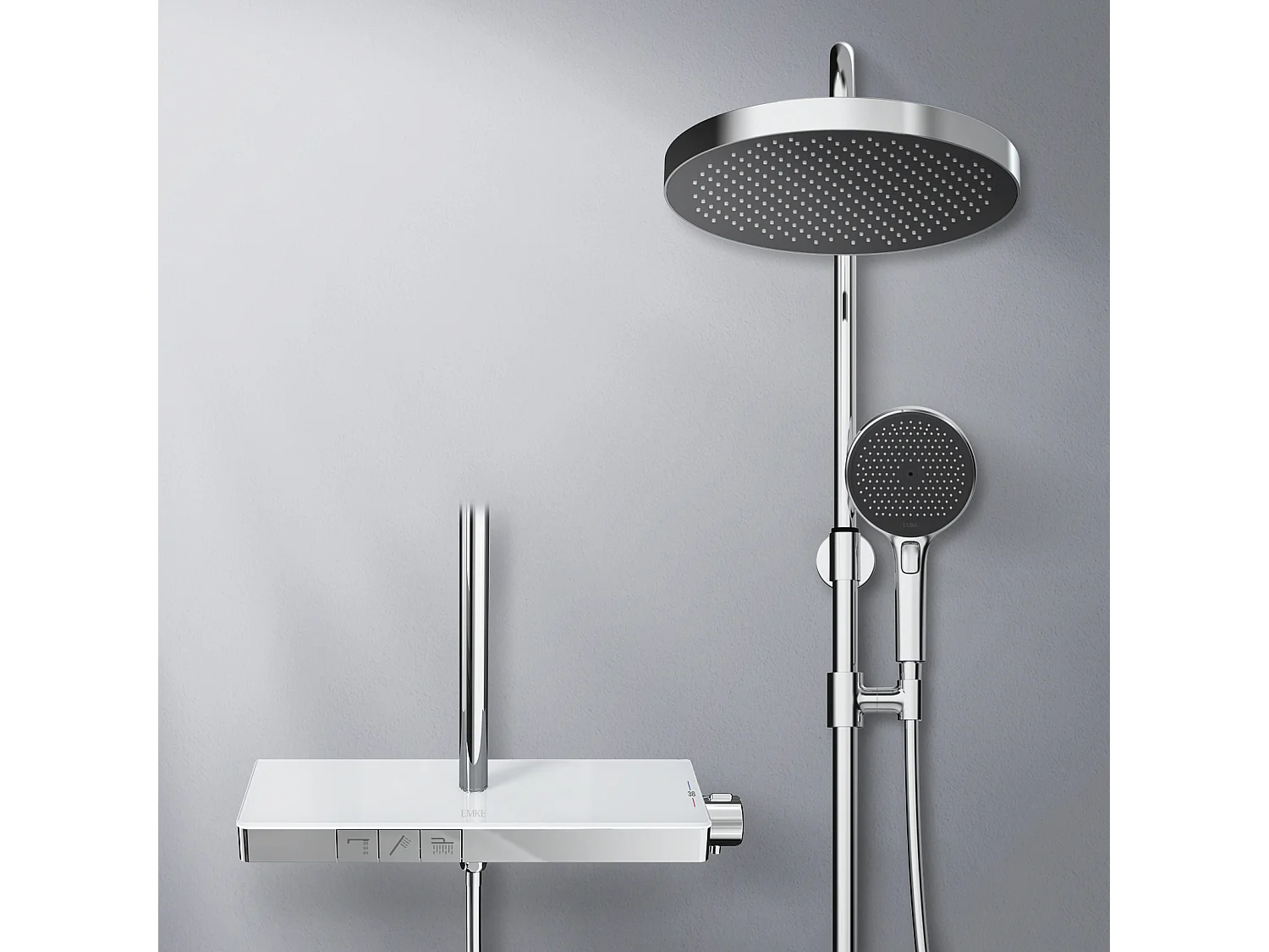 EMKE Thermostaatdouchekolom met 38°C, grote hoofddouche en multimode handdouche, Cirkel, chroom