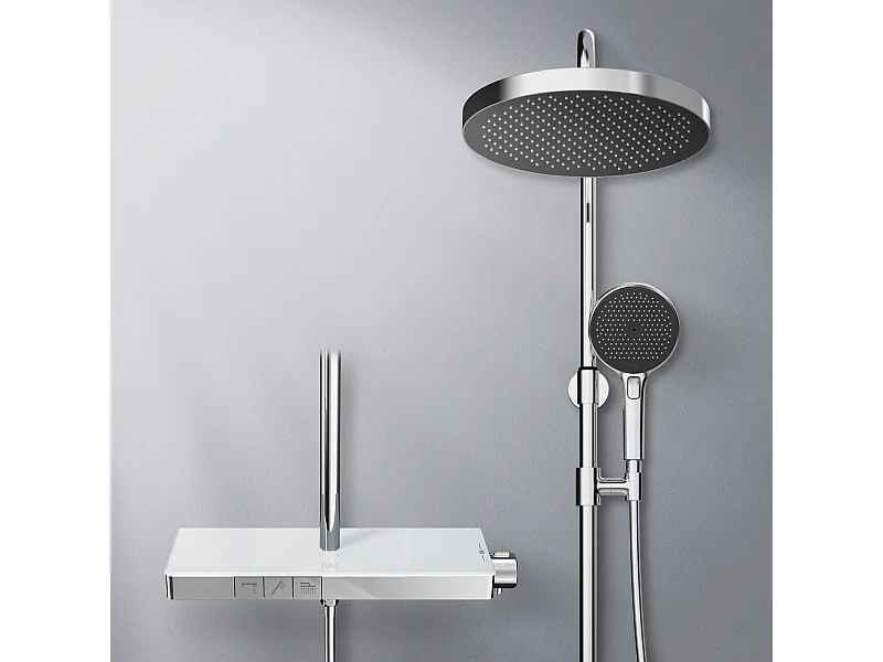 EMKE Thermostat-Duschsäule mit 38°C, große Kopfbrause und Multimode-Handbrause, Kreisform, Chrom