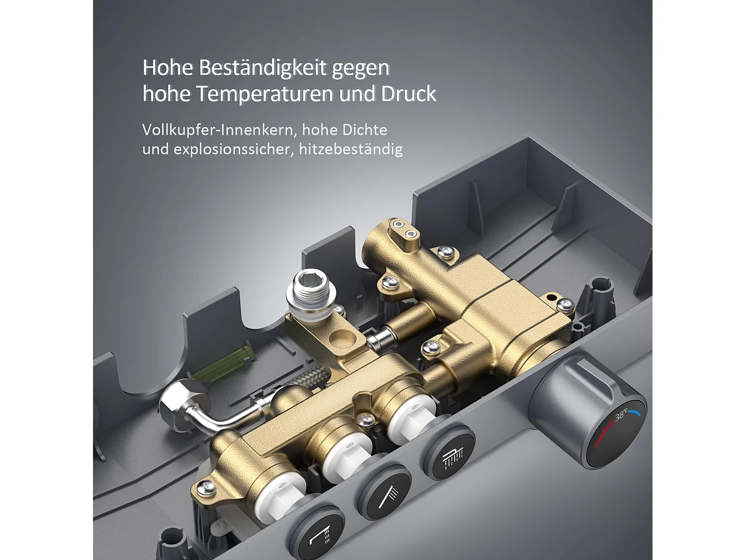 EMKE Thermostat-Duschsäule, 36 x 14 cm Glasregale, 3 Strahlarten, Regenbrause, KTW-Zertifizierung, Metallgrau