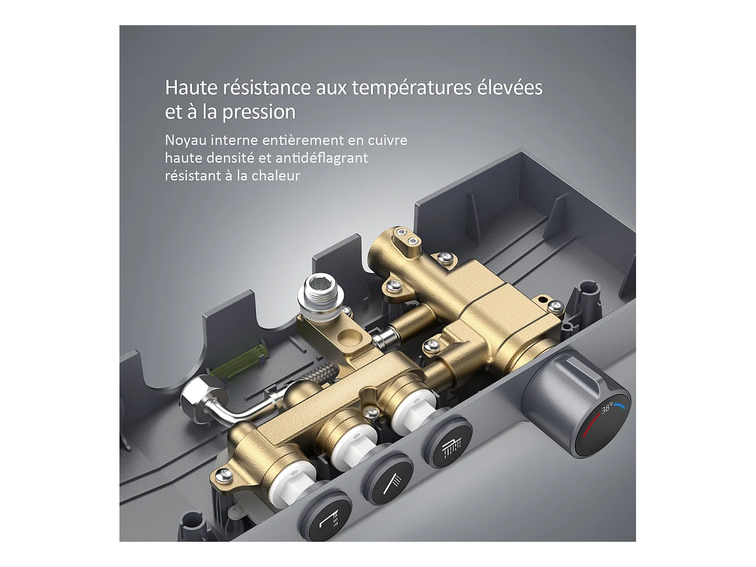 EMKE Thermostat-Duschsäule, 36 x 14 cm Glasregale, 3 Strahlarten, Regenbrause, KTW-Zertifizierung, Metallgrau