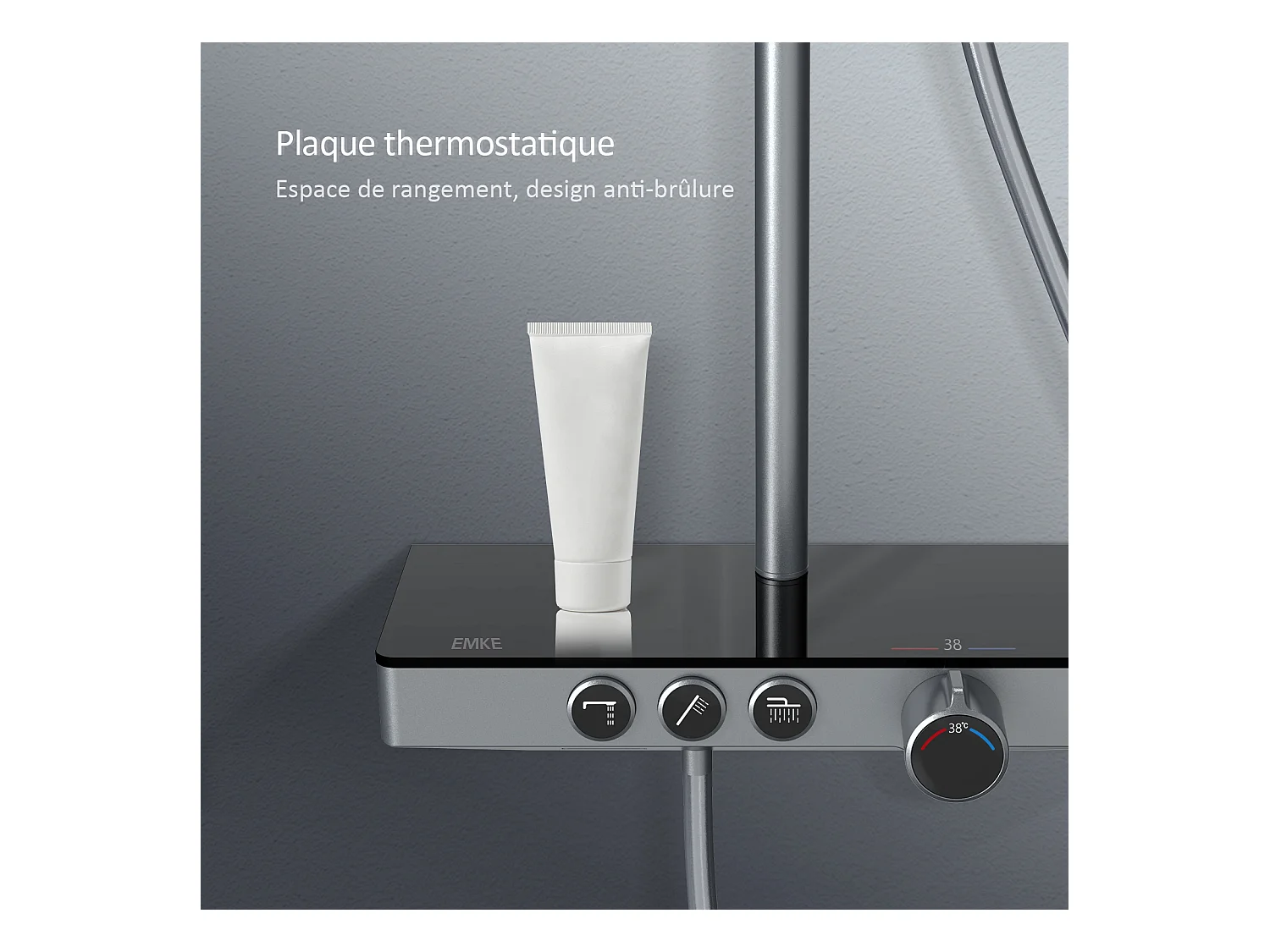 EMKE Thermostat-Duschsäule, 36 x 14 cm Glasregale, 3 Strahlarten, Regenbrause, KTW-Zertifizierung, Metallgrau