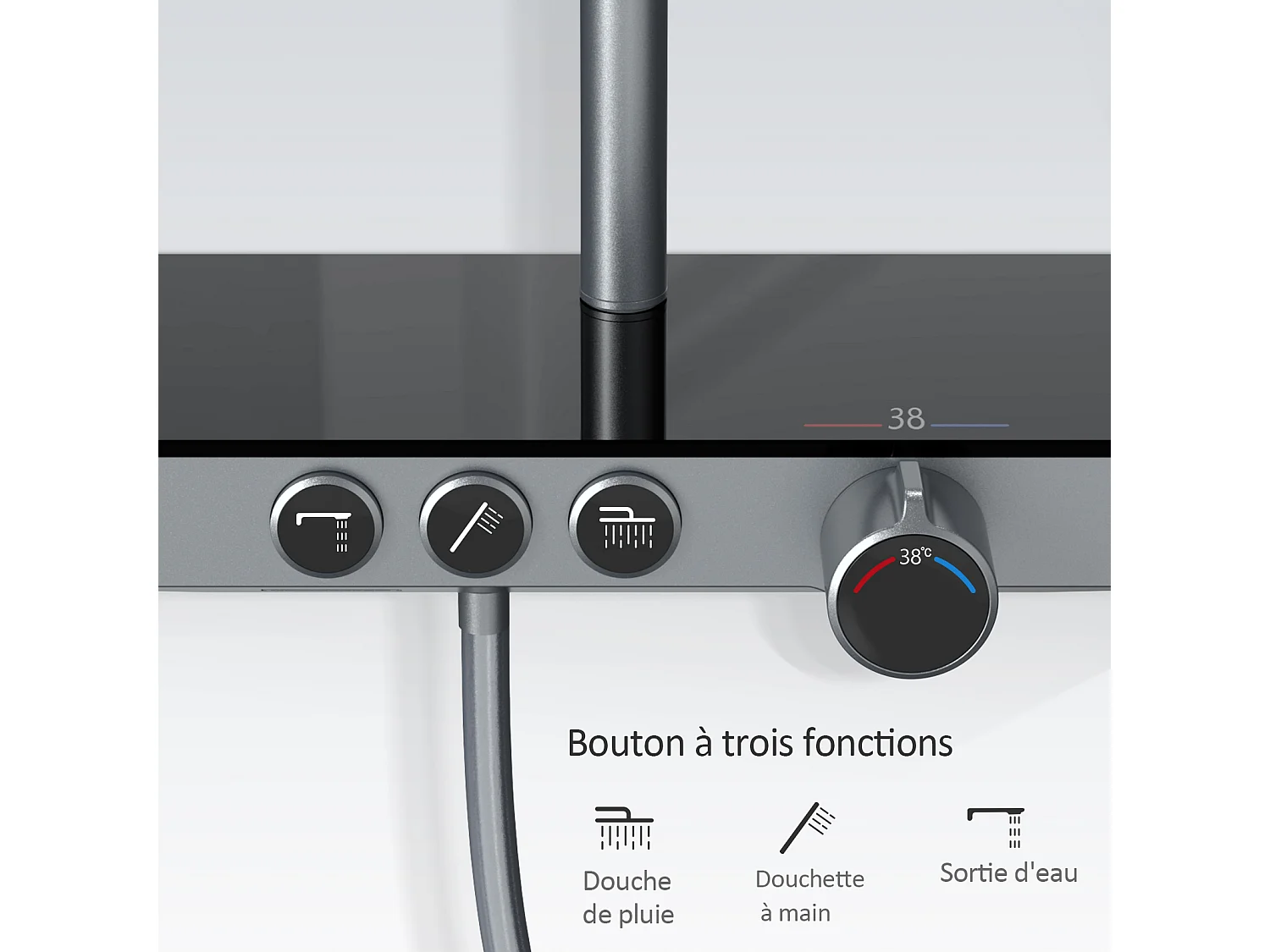 EMKE Thermostaatdouchekolom, 36 x 14 cm glazen planken, 3 straalsoorten, regen douche, KTW-certificering, Metaalgrijs