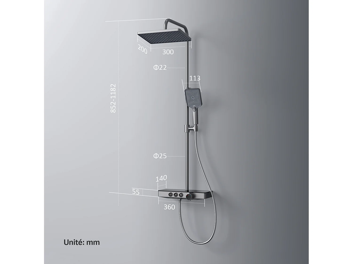EMKE Thermostaatdouchekolom, 36 x 14 cm glazen planken, 3 straalsoorten, regen douche, KTW-certificering, Metaalgrijs