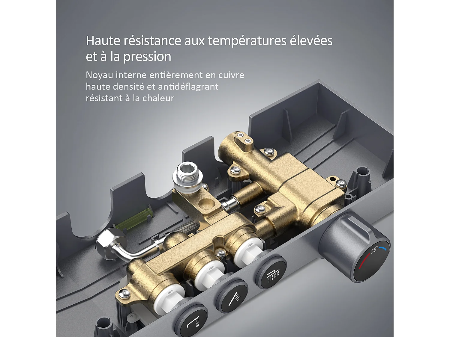 EMKE Thermostaatdouchekolom, 36 x 14 cm glazen planken, 3 straalsoorten, regen douche, KTW-certificering, Metaalgrijs