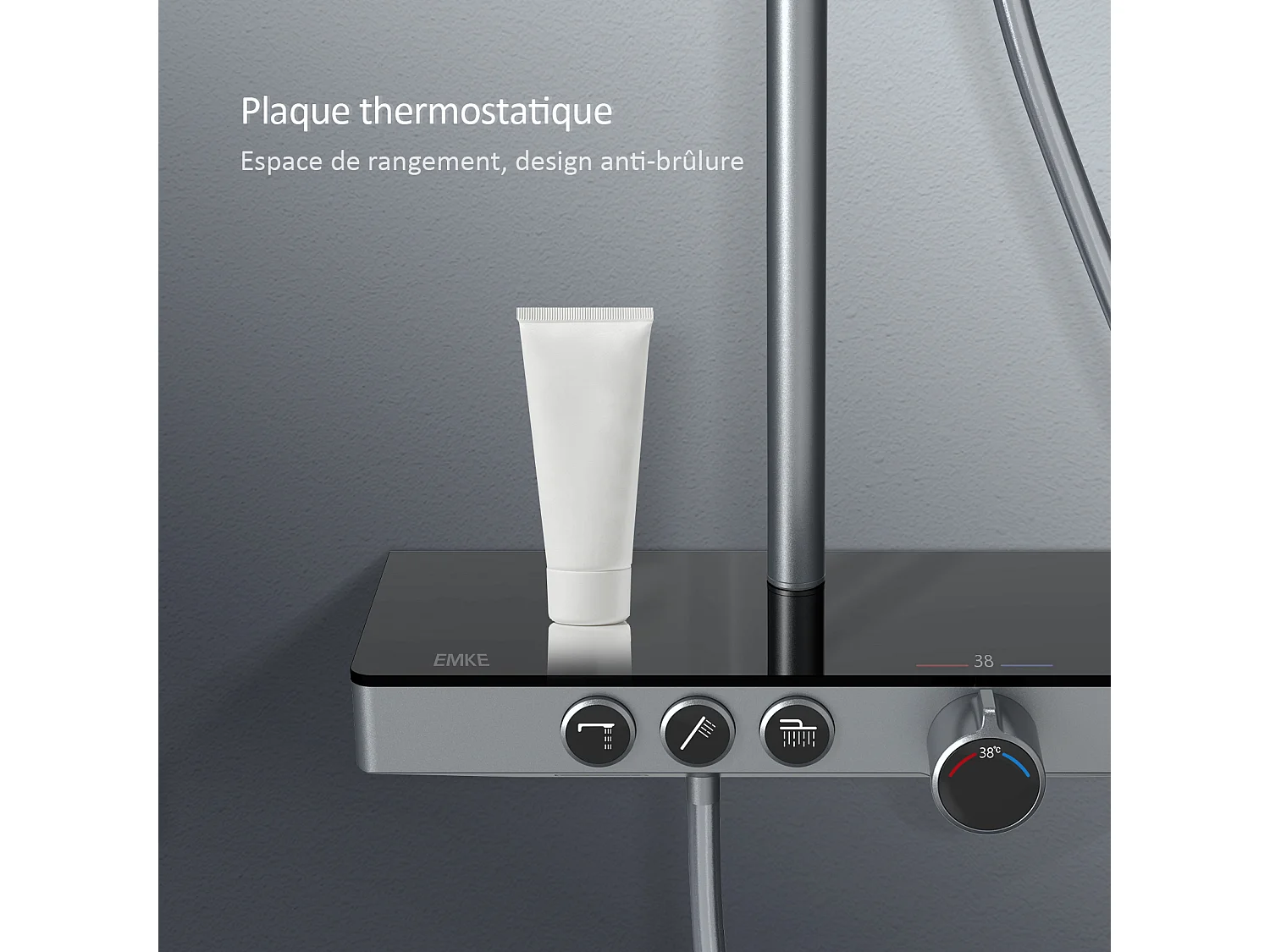 EMKE Thermostaatdouchekolom, 36 x 14 cm glazen planken, 3 straalsoorten, regen douche, KTW-certificering, Metaalgrijs