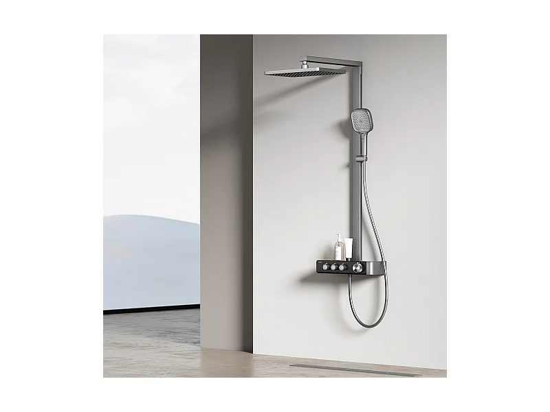 EMKE Thermostat-Duschsäule – Matt Anthrazit, innovative Durchflussregelung, Regenbrauseeffekt 36x24 cm, Handbrause mit 3 Strahlen