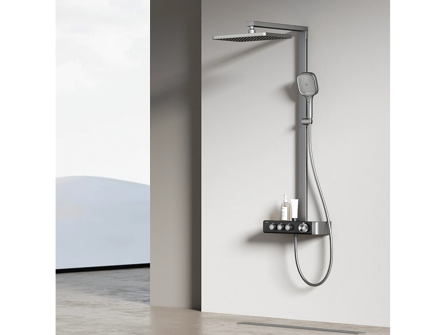 EMKE Thermostat-Duschsäule – Matt Anthrazit, innovative Durchflussregelung, Regenbrauseeffekt 36x24 cm, Handbrause mit 3 Strahlen