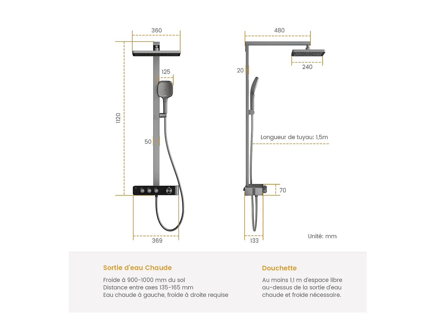 EMKE Thermostat-Duschsäule – Matt Anthrazit, innovative Durchflussregelung, Regenbrauseeffekt 36x24 cm, Handbrause mit 3 Strahlen
