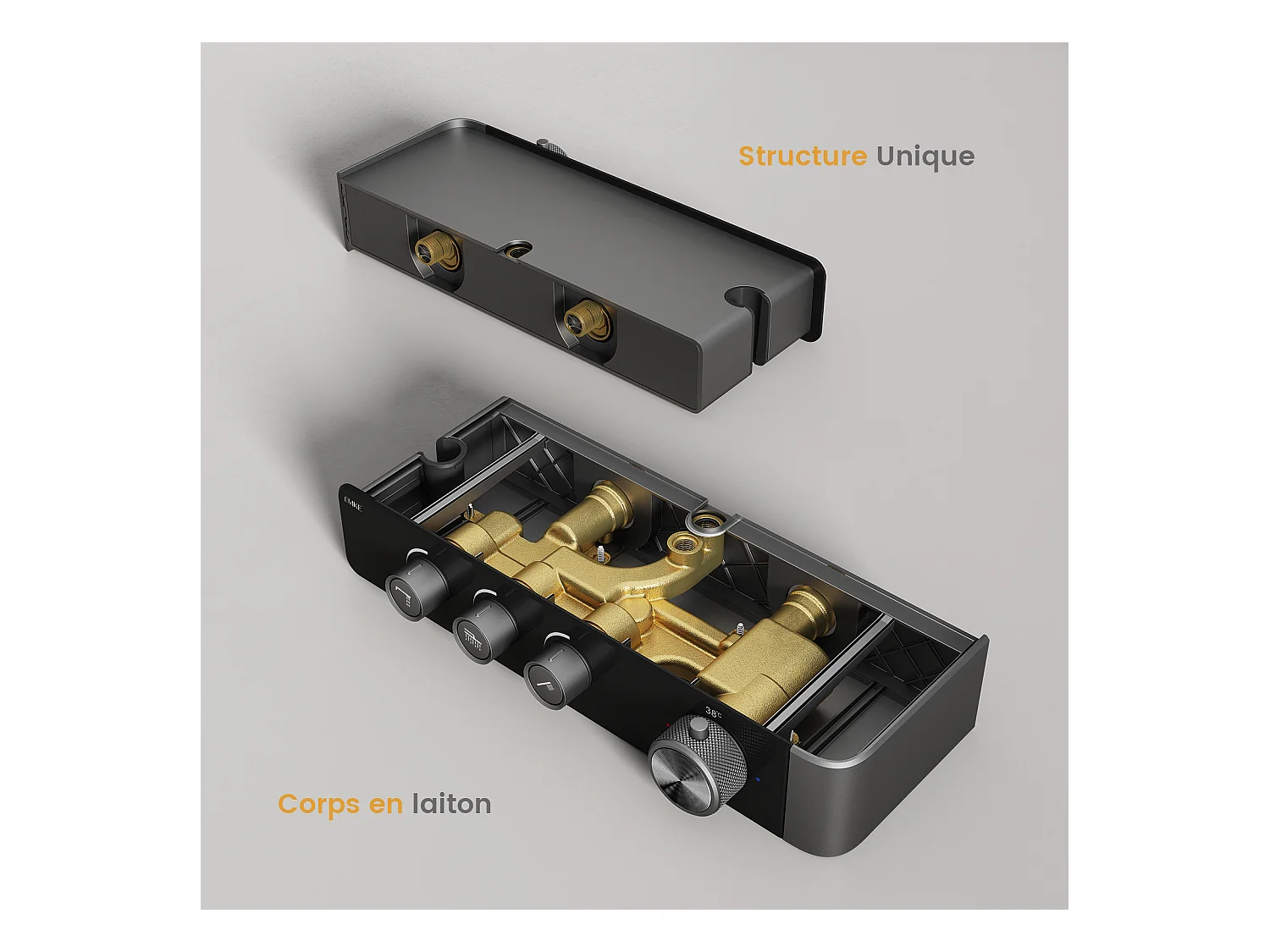 EMKE Thermostat-Duschsäule – Matt Anthrazit, innovative Durchflussregelung, Regenbrauseeffekt 36x24 cm, Handbrause mit 3 Strahlen