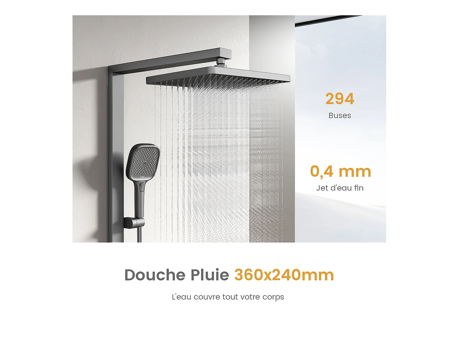 EMKE Thermostat-Duschsäule – Matt Anthrazit, innovative Durchflussregelung, Regenbrauseeffekt 36x24 cm, Handbrause mit 3 Strahlen