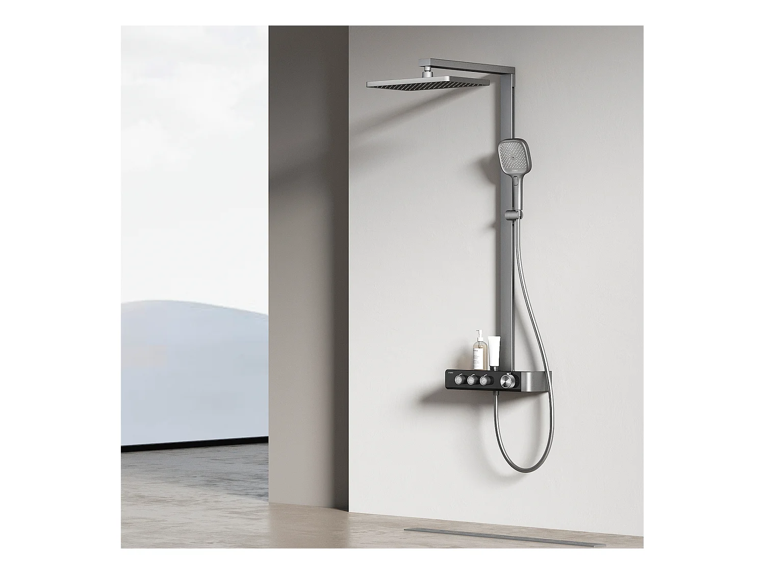 EMKE Thermostatische douchestang – Mat antraciet, innovatieve doorstroomregeling, regendouche-effect 36x24 cm, handdouche met 3 jets