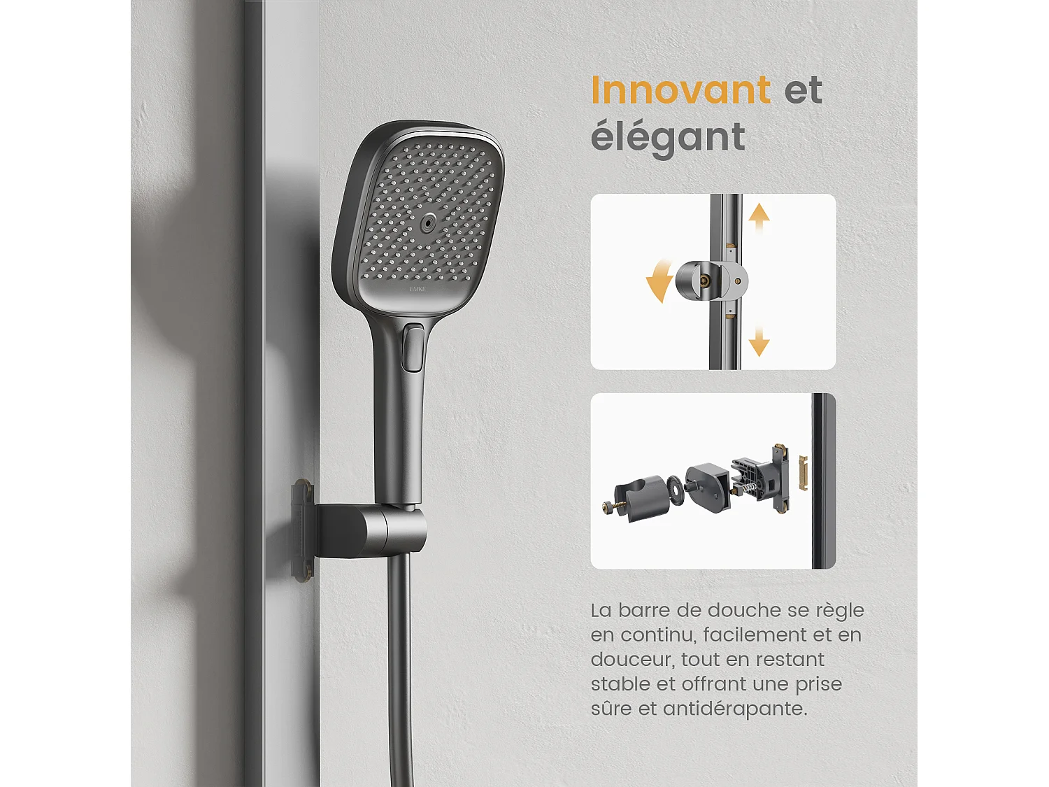 EMKE Colonne de douche Thermostat – Anthracite Mat, Régulation innovante du débit, douche à effet pluie de 36x24 cm, douchette à main avec 3 jets