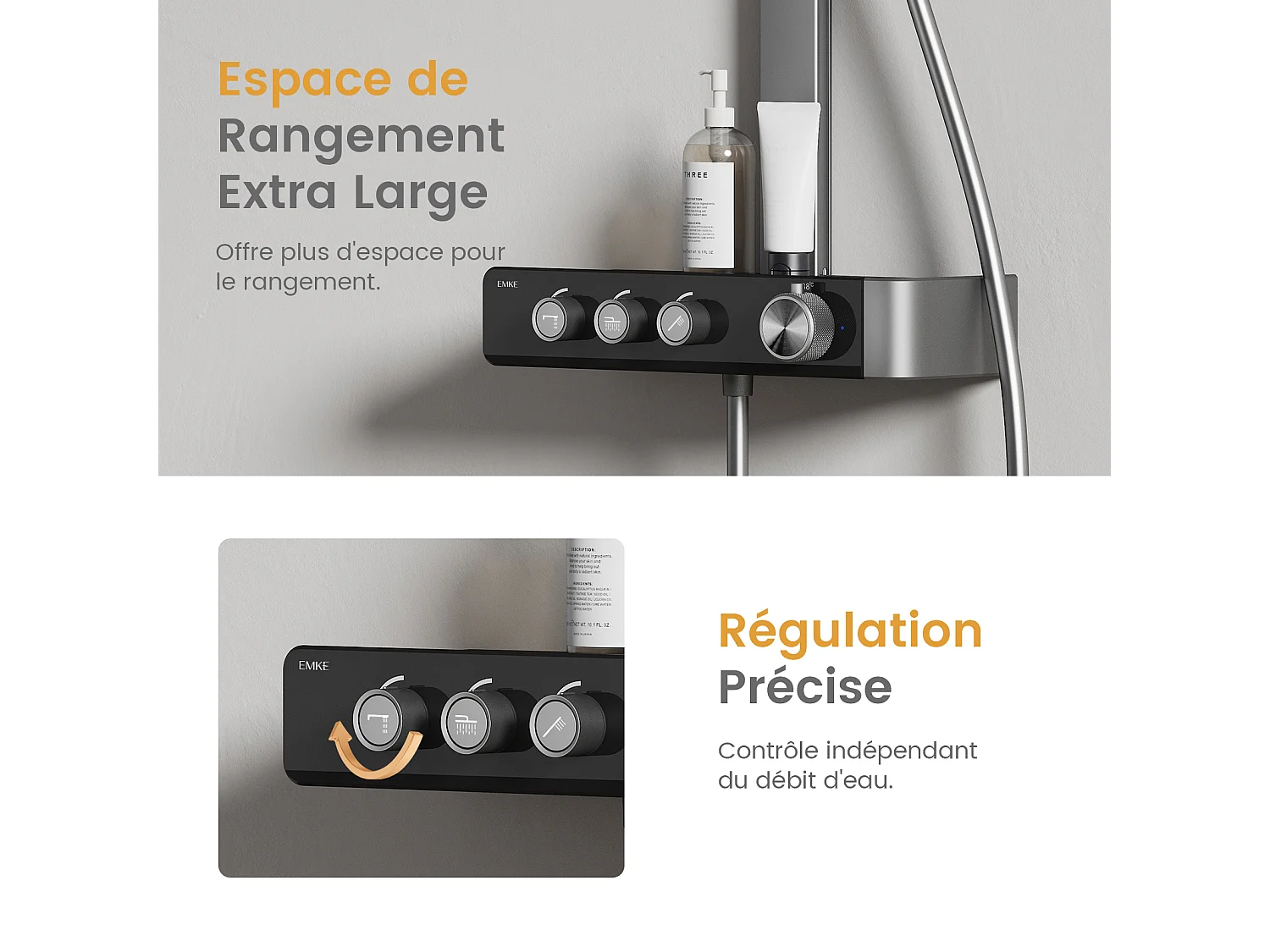 EMKE Colonne de douche Thermostat – Anthracite Mat, Régulation innovante du débit, douche à effet pluie de 36x24 cm, douchette à main avec 3 jets