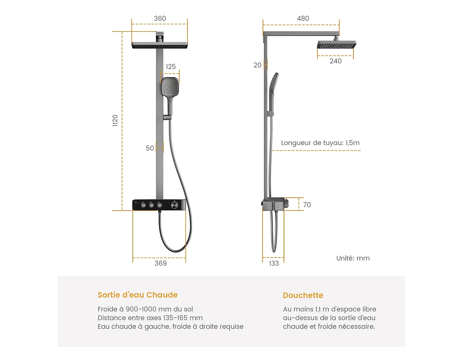 EMKE Colonne de douche Thermostat – Anthracite Mat, Régulation innovante du débit, douche à effet pluie de 36x24 cm, douchette à main avec 3 jets