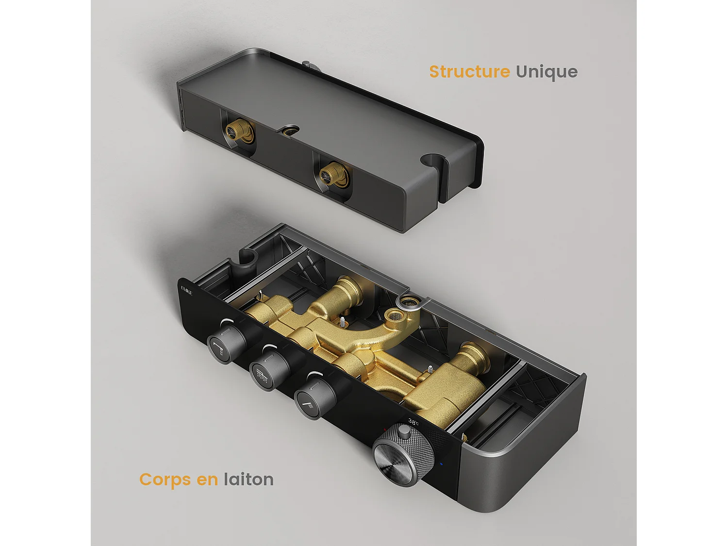 EMKE Colonne de douche Thermostat – Anthracite Mat, Régulation innovante du débit, douche à effet pluie de 36x24 cm, douchette à main avec 3 jets