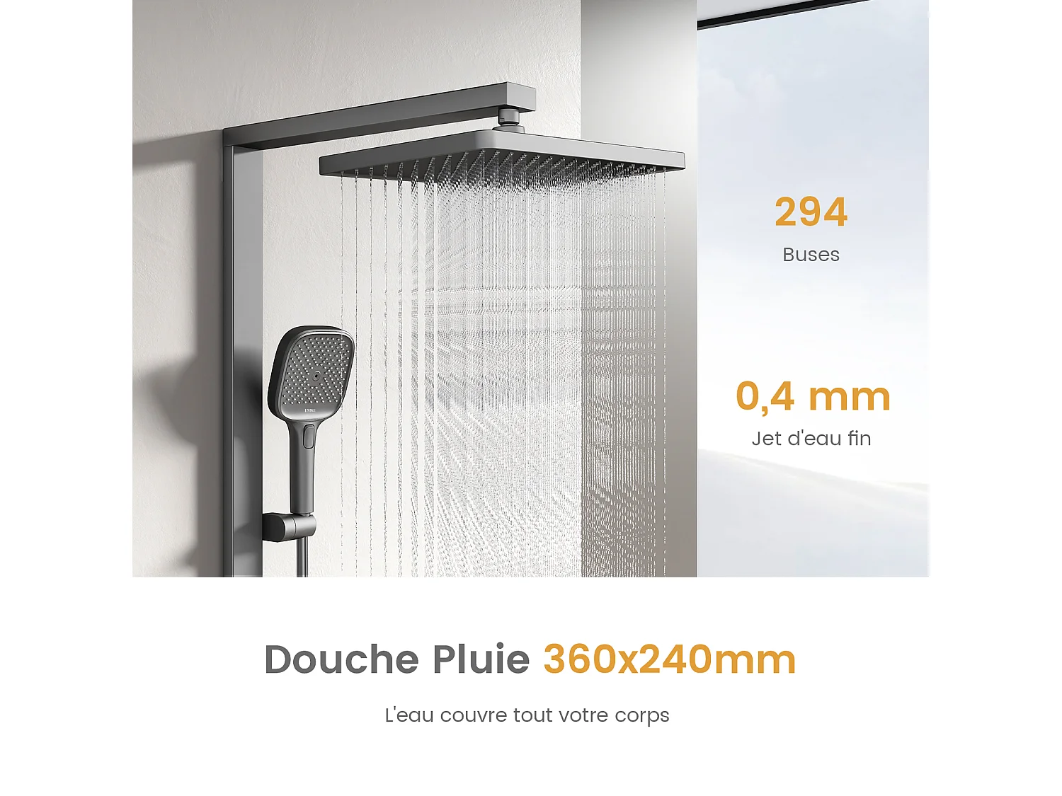 EMKE Colonne de douche Thermostat – Anthracite Mat, Régulation innovante du débit, douche à effet pluie de 36x24 cm, douchette à main avec 3 jets