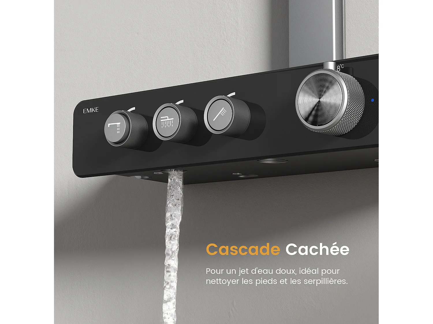 EMKE Colonne de douche Thermostat – Anthracite Mat, Régulation innovante du débit, douche à effet pluie de 36x24 cm, douchette à main avec 3 jets
