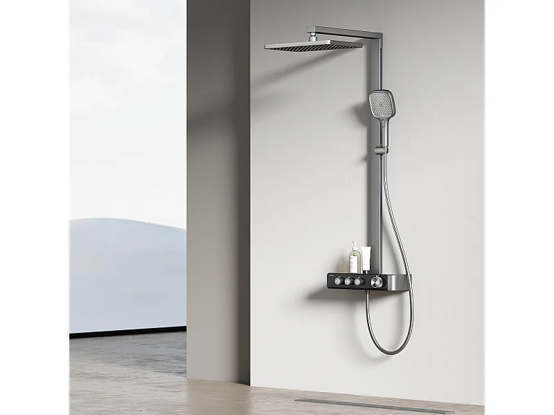 EMKE Thermostat-Duschsäule – Matt Anthrazit, innovative Durchflussregelung, Regenbrauseeffekt 36x24 cm, Handbrause mit 3 Strahlen