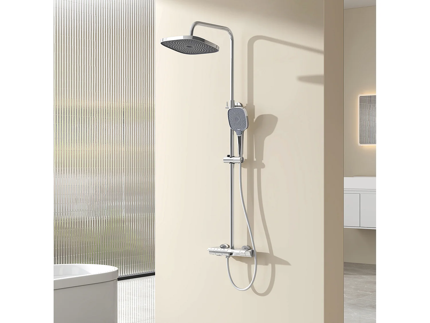 EMKE Colonne de douche thermostatique Ensemble, Douchette multimode, Grande douche de tête, homologué KTW Galaxie Modèle, Chrome