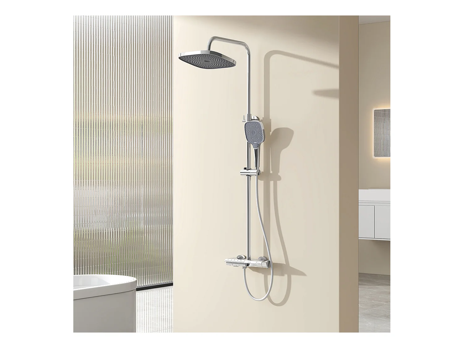 EMKE Colonne de douche thermostatique Ensemble, Douchette multimode, Grande douche de tête, homologué KTW Galaxie Modèle, Chrome
