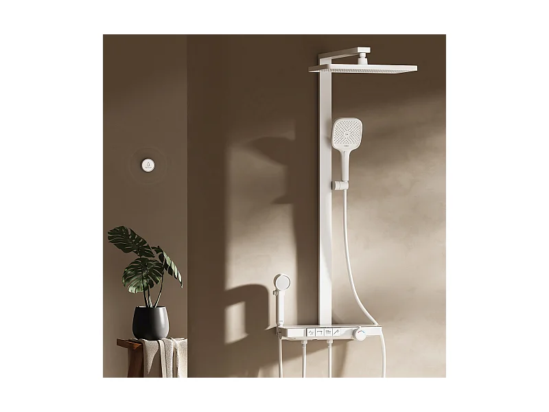 EMKE Thermostat-Duschsäule mit 38℃, Regenbrause 40 cm, Glasablage mit 3+1 Eltern-Kind-Handbrause + Duschhalterung - Weiß