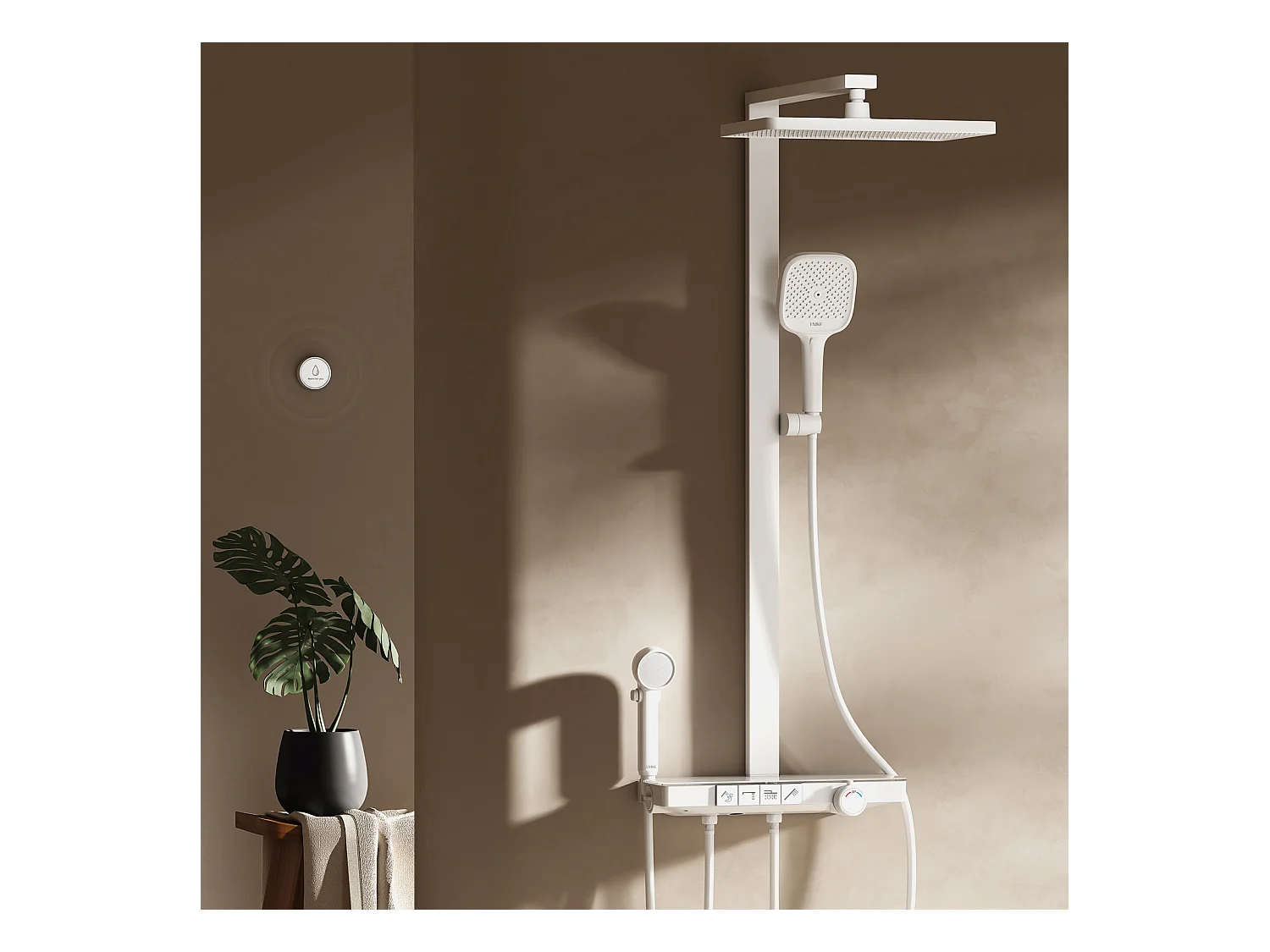 EMKE Colonne de douche avec thermostat 38℃ Douche pluie 40 cm étagère en verre avec 3+1 douchette parent-enfant+porte-douche - blanc