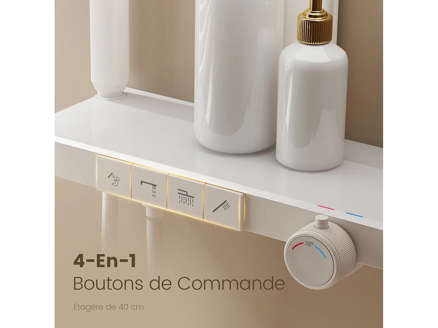 EMKE Thermostaatdouchekolom met 38℃, regen douche 40 cm, glazen plank met 3+1 ouder-kind handdouche + douchehouder - Wit