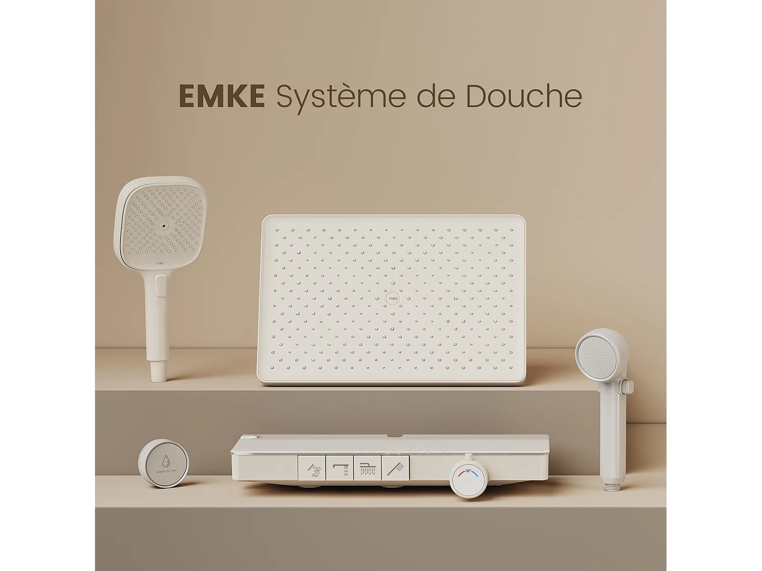 EMKE Thermostaatdouchekolom met 38℃, regen douche 40 cm, glazen plank met 3+1 ouder-kind handdouche + douchehouder - Wit