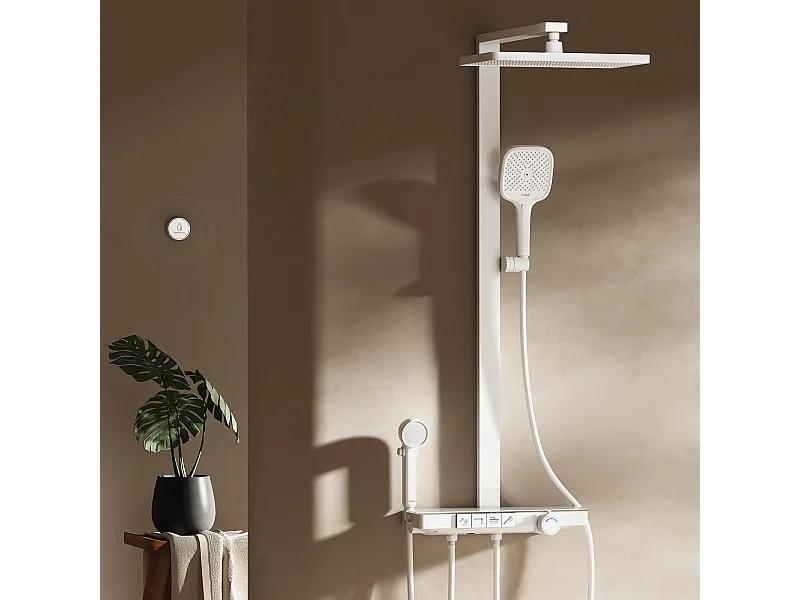 EMKE Thermostat-Duschsäule mit 38℃, Regenbrause 40 cm, Glasablage mit 3+1 Eltern-Kind-Handbrause + Duschhalterung - Weiß