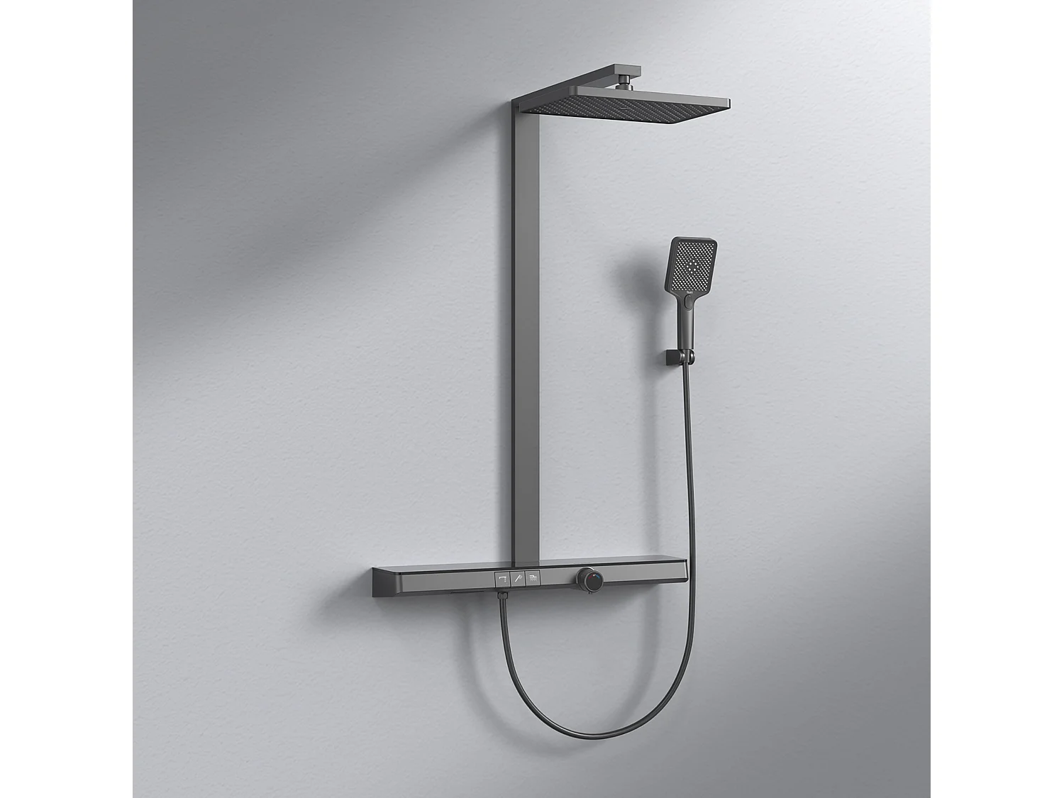 EMKE Colonne de Douche Theramostat 38°C verrouillage de sécurité douche de pluie avec mitigeur, avec tablette extra large, homologué KTW, Anthracite