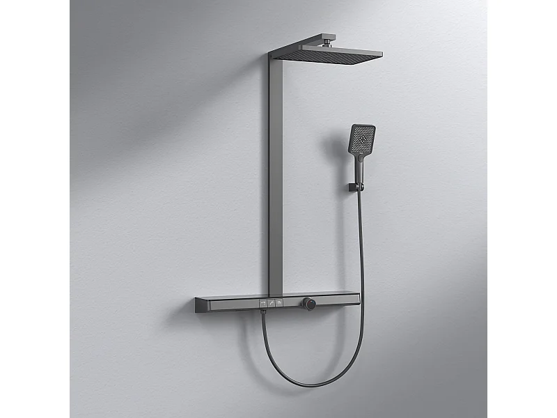 EMKE Thermostat-Duschsäule 38°C, Sicherheitsverriegelung, Regenbrause mit Mischbatterie, mit extra großer Ablage, KTW-zertifiziert, Anthrazit