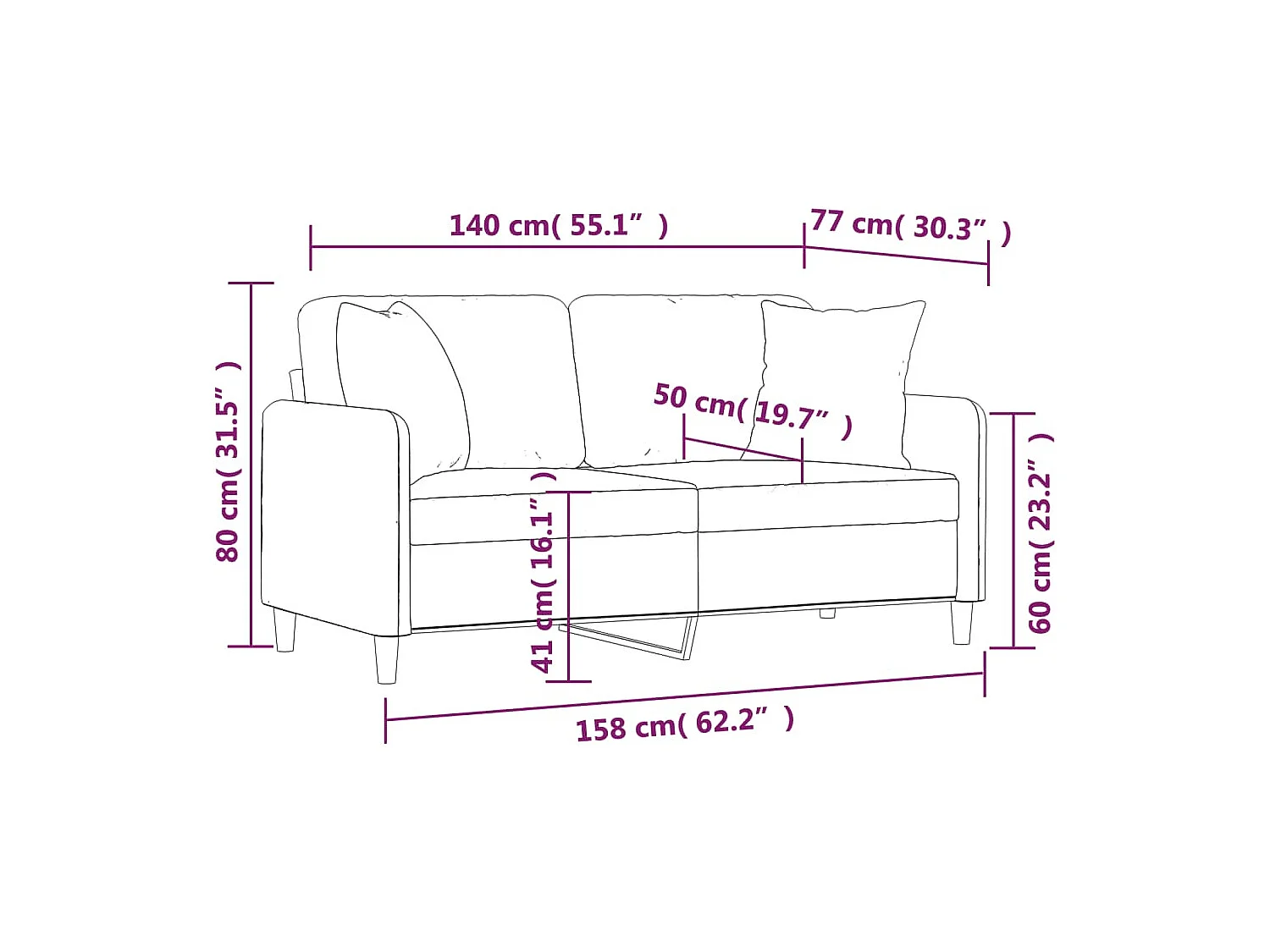 2-Sitzer-Sofa mit Zierkissen Weinrot 140 cm Stoff