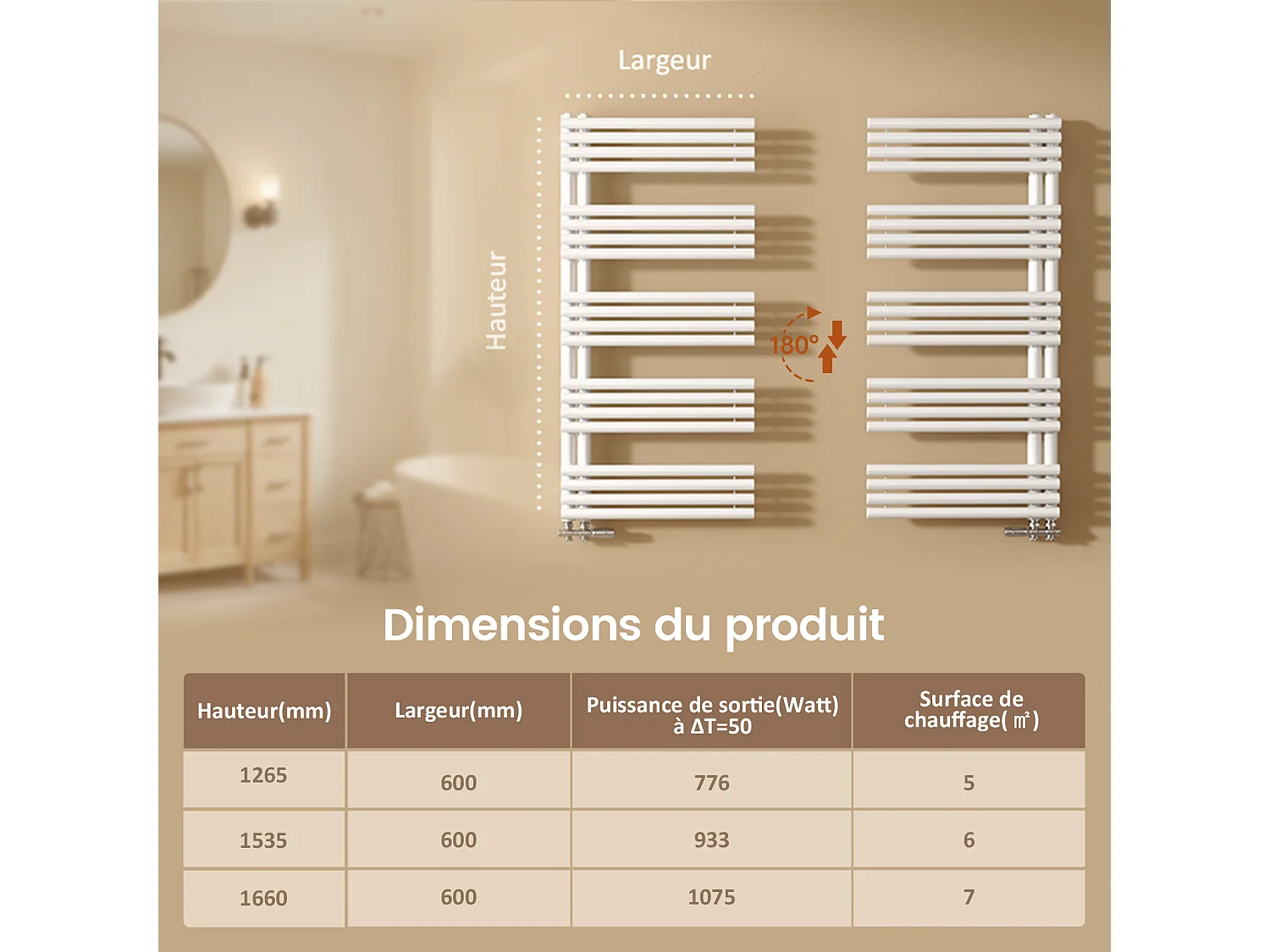 EMKE Handdoekradiator voor de badkamer, 1660 x 600 mm, handdoekhouder met ronde buizen, handdoekverwarming, wit, 776W