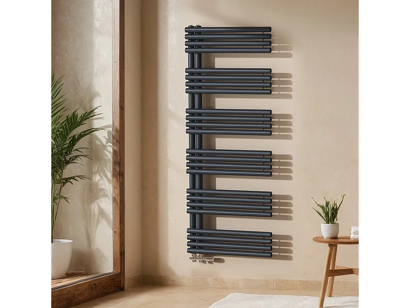 EMKE Sèche Serviettes à Eau Chaude pour Salle de Bain, 1660 x 600 mm, Tuyaux Ronds Porte-Serviettes, Chauffe-Serviettes, Anthracite 933W