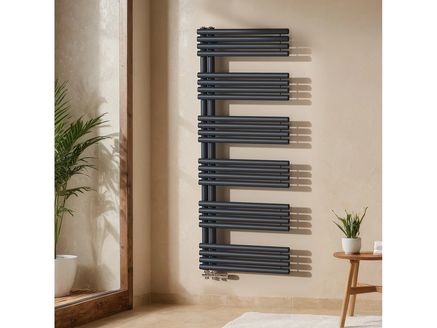 EMKE Sèche Serviettes à Eau Chaude pour Salle de Bain, 1660 x 600 mm, Tuyaux Ronds Porte-Serviettes, Chauffe-Serviettes, Anthracite 933W