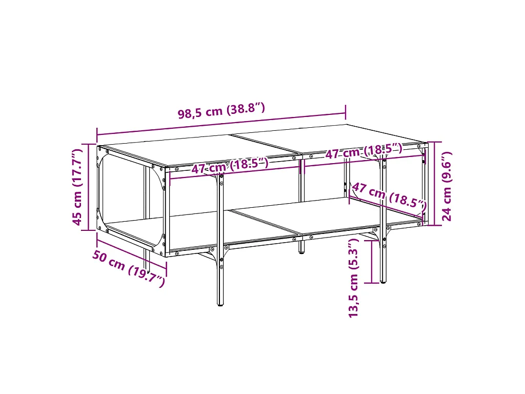 Table basse avec dessus en verre transparent 98,5x50x45cm acier
