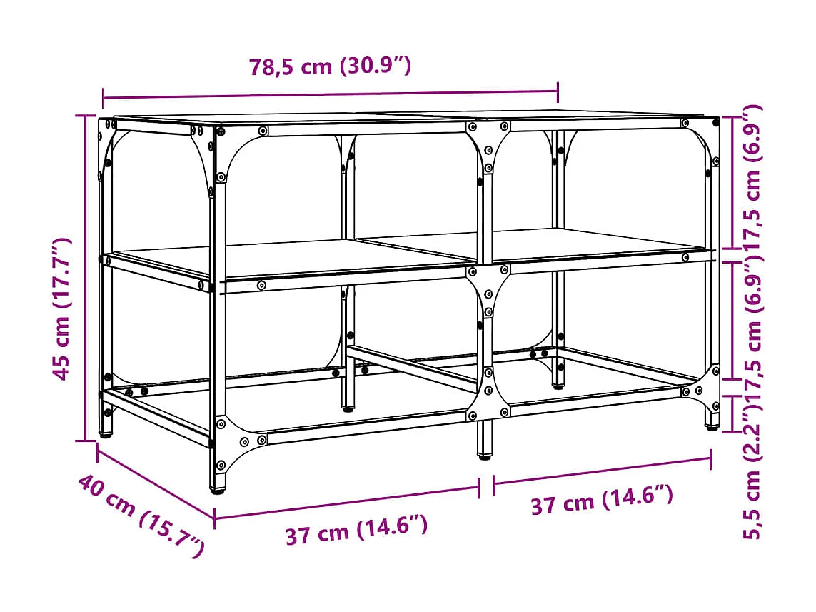 Table basse avec dessus en verre transparent 78,5x40x45cm acier