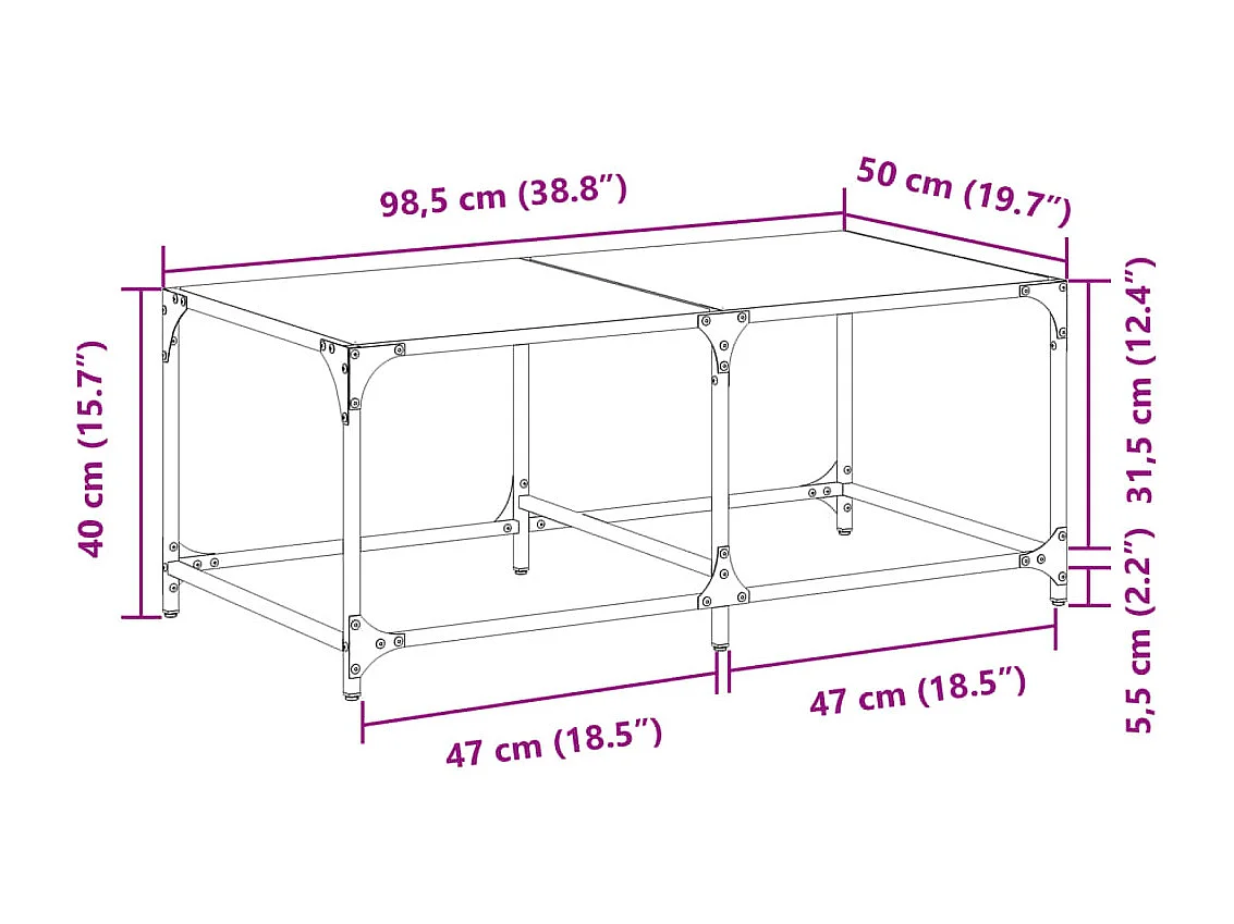 Nowoczesny Stolik Kawowy z Przezroczystym Szkłem 98,5x50x40cm Stal