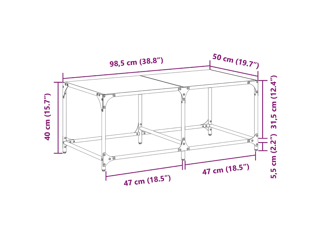 Table basse avec dessus en verre transparent 98,5x50x40cm acier