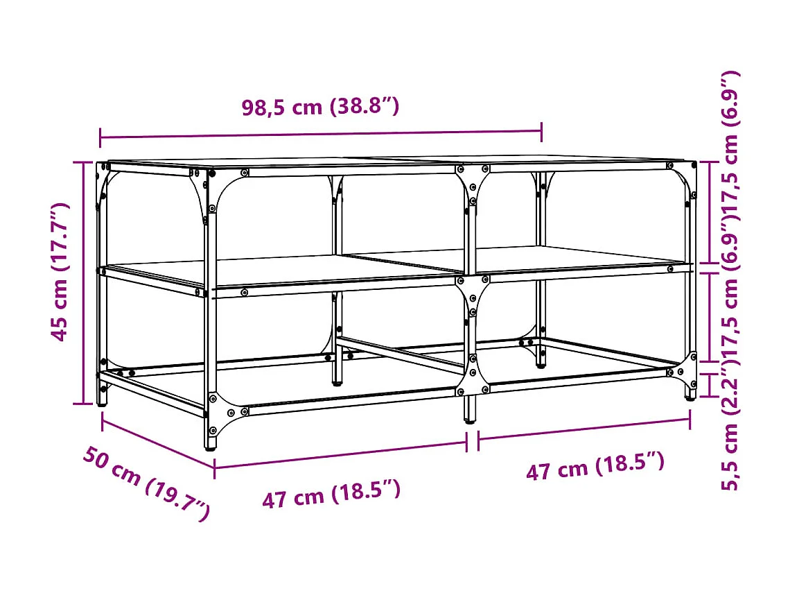 Mesa de centro c/ topo em vidro transparente 98,5x50x45 cm aço