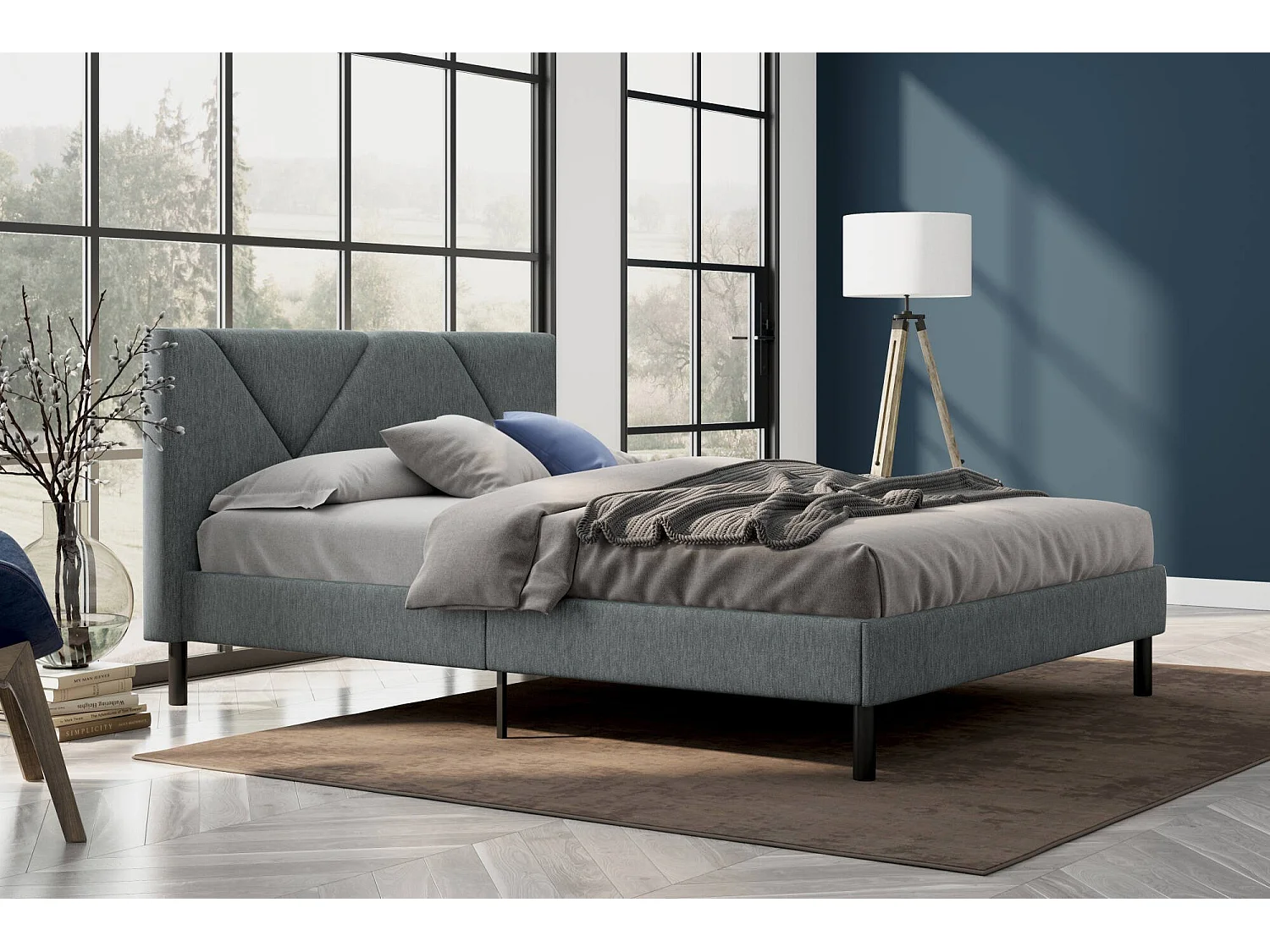 Letto matrimoniale alla francese Calitri, Letto imbottito in tessuto con testiera, Doghe in legno, adatto a materasso da 140x190, Grigio