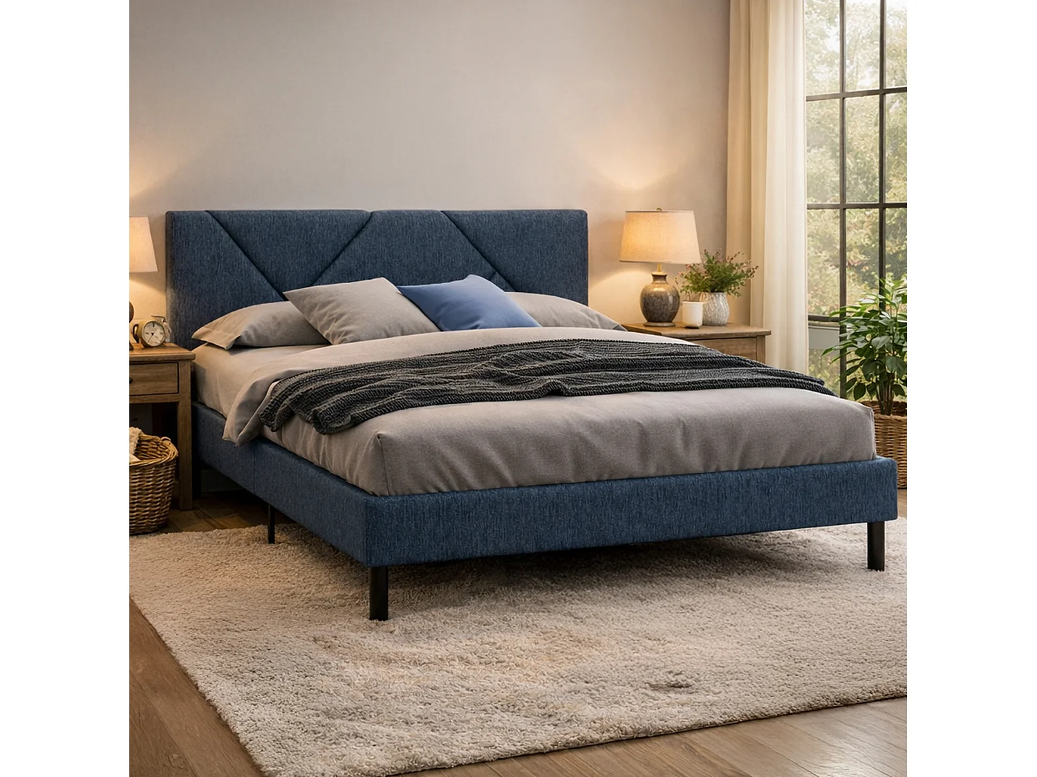 Lit double Tirino, Sommier pour chambre, Literie par chambre, Support de matelas, Adapté à un matelas de 160x200 cm, Bleu
