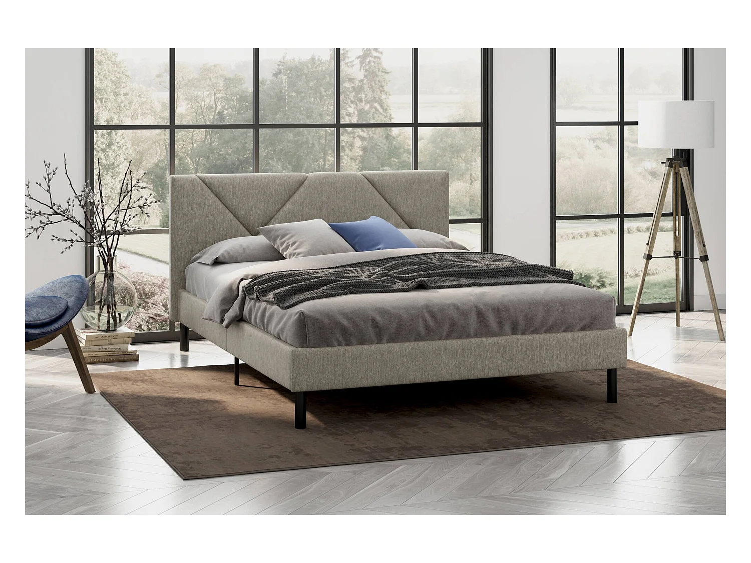 Letto matrimoniale Tirino, Letto imbottito in tessuto con testiera, Doghe in legno, adatto a materasso da 160x200, Tortora