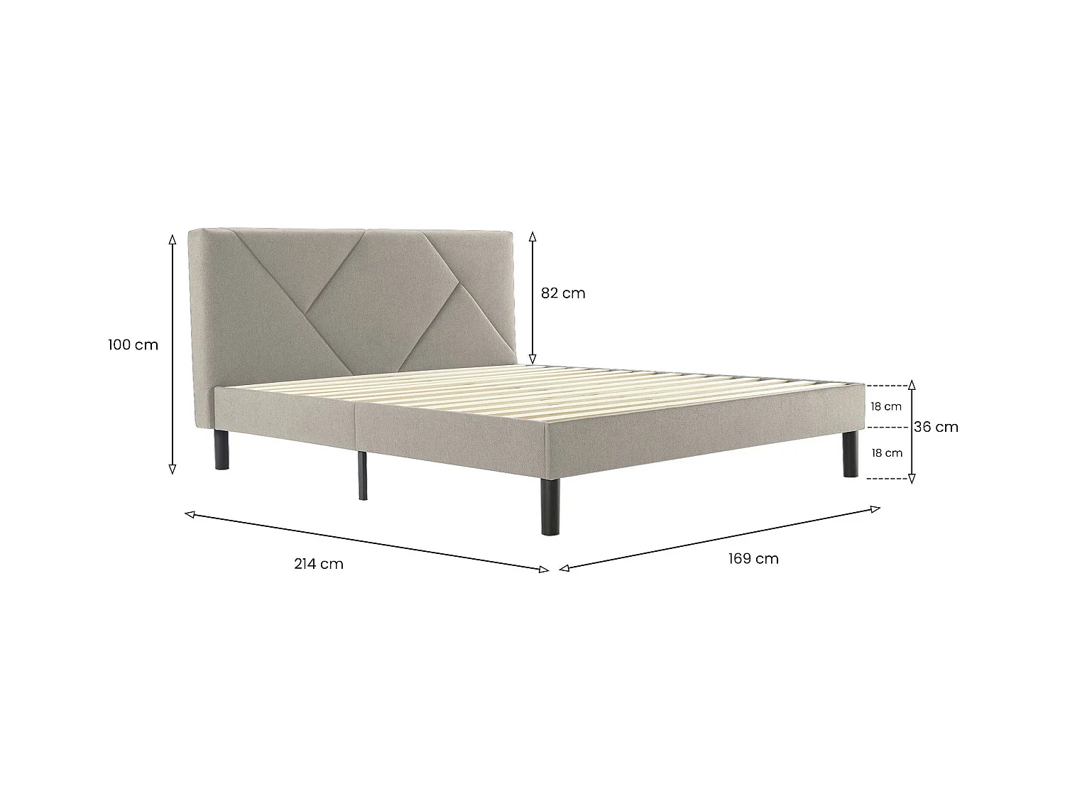Letto matrimoniale Tirino, Letto imbottito in tessuto con testiera, Doghe in legno, adatto a materasso da 160x200, Tortora