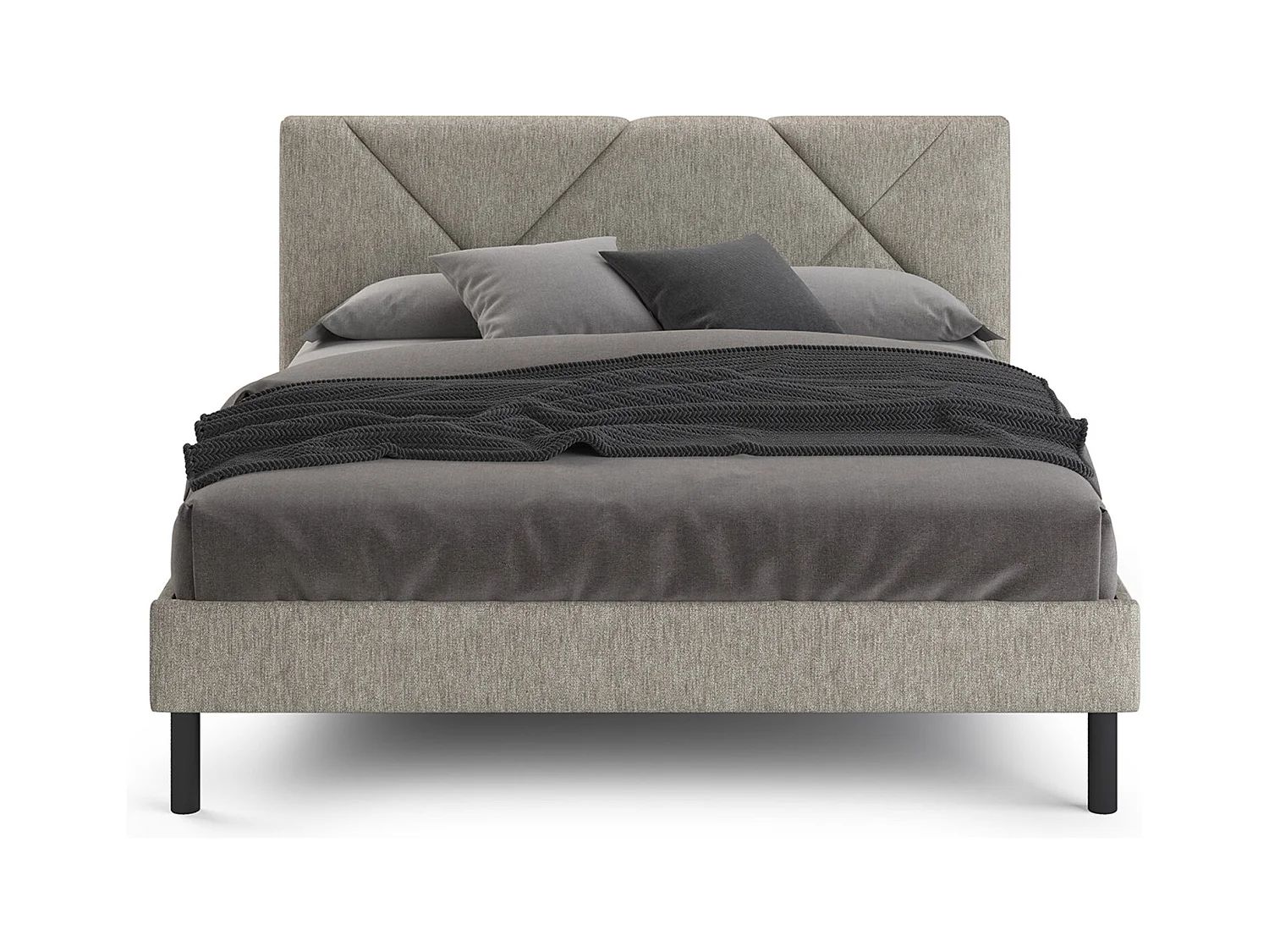 Letto matrimoniale Tirino, Letto imbottito in tessuto con testiera, Doghe in legno, adatto a materasso da 160x200, Tortora