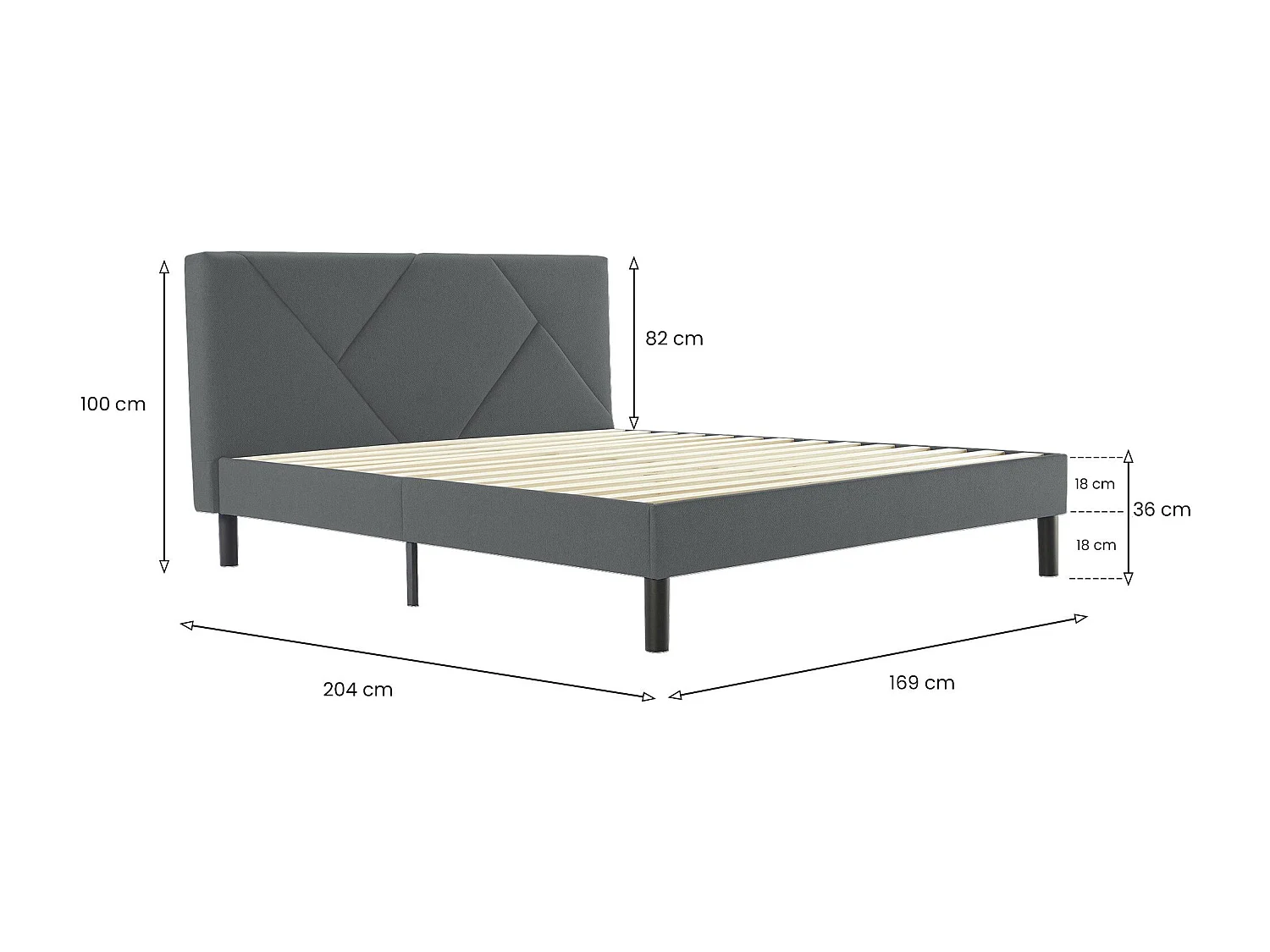 Letto matrimoniale Caldes, Letto imbottito in tessuto con testiera, Doghe in legno, adatto a materasso da 160x190, Grigio